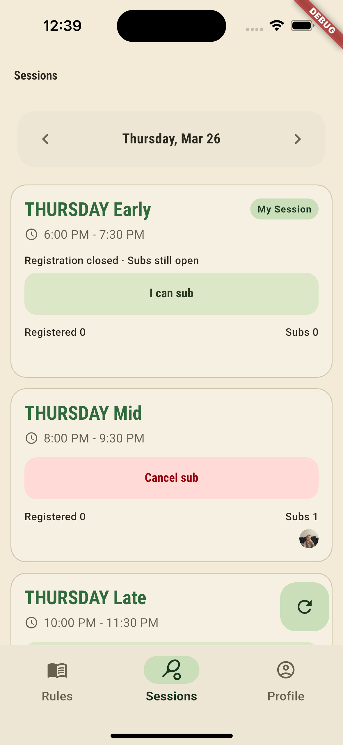 Active session check-in status screen