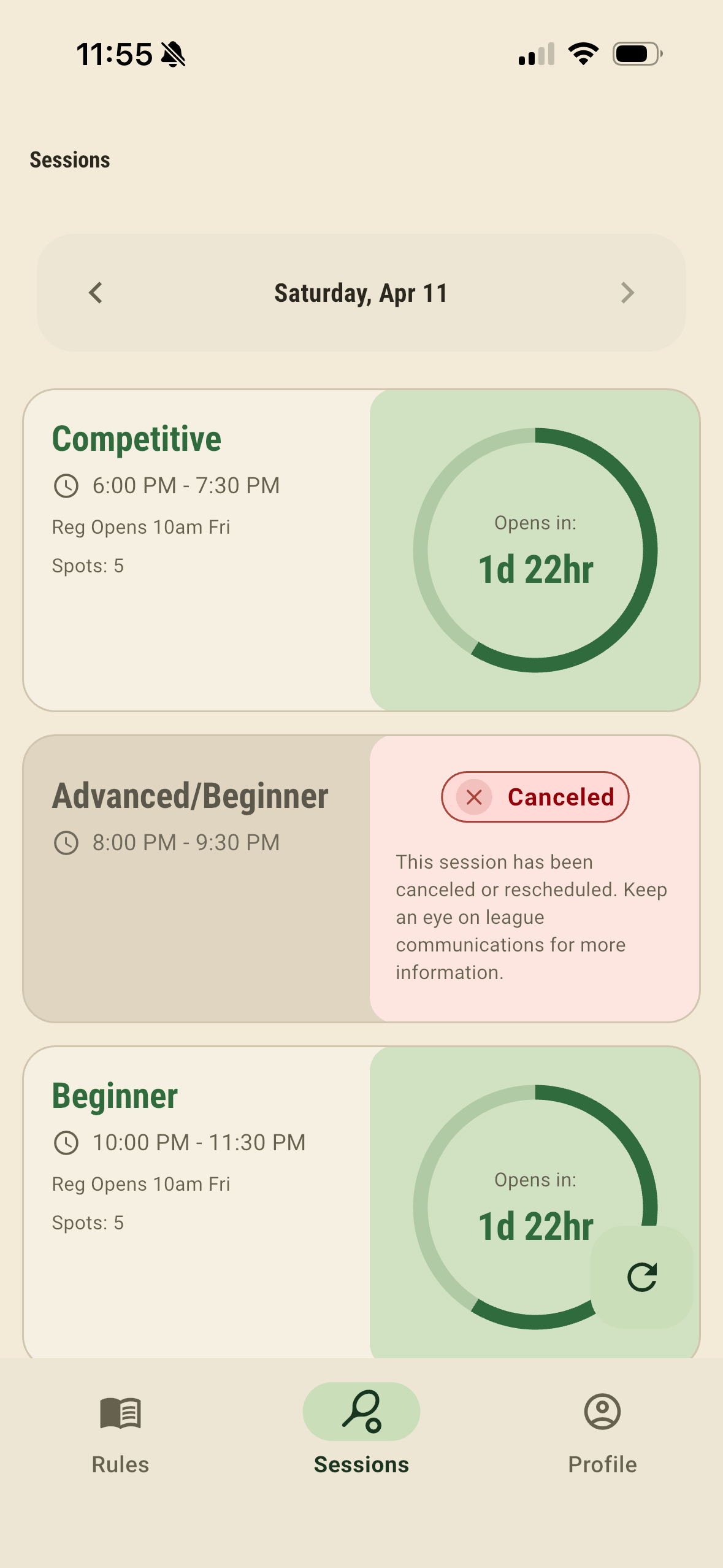 Upcoming session details screen