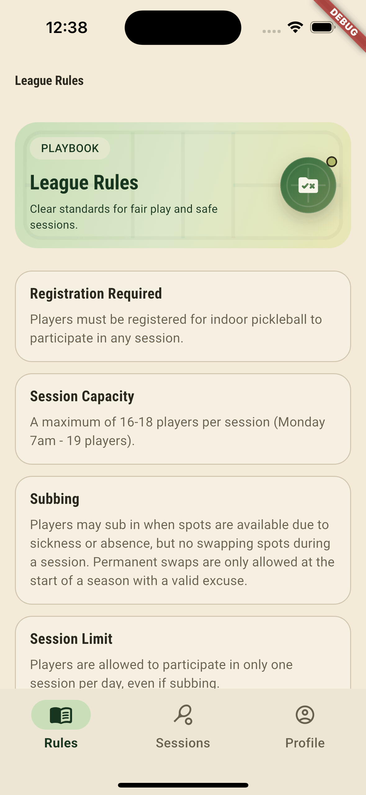 League rules information screen