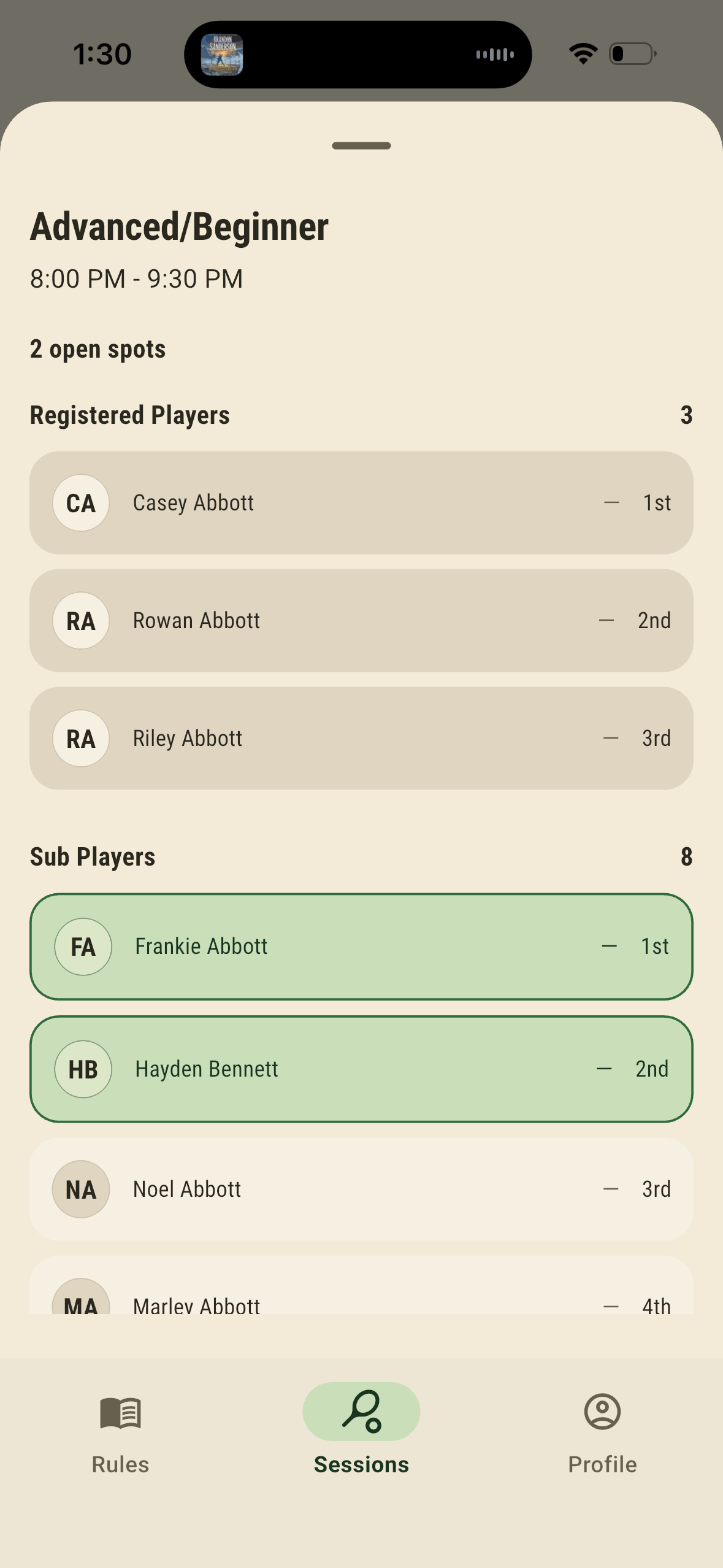 Session attendance screen