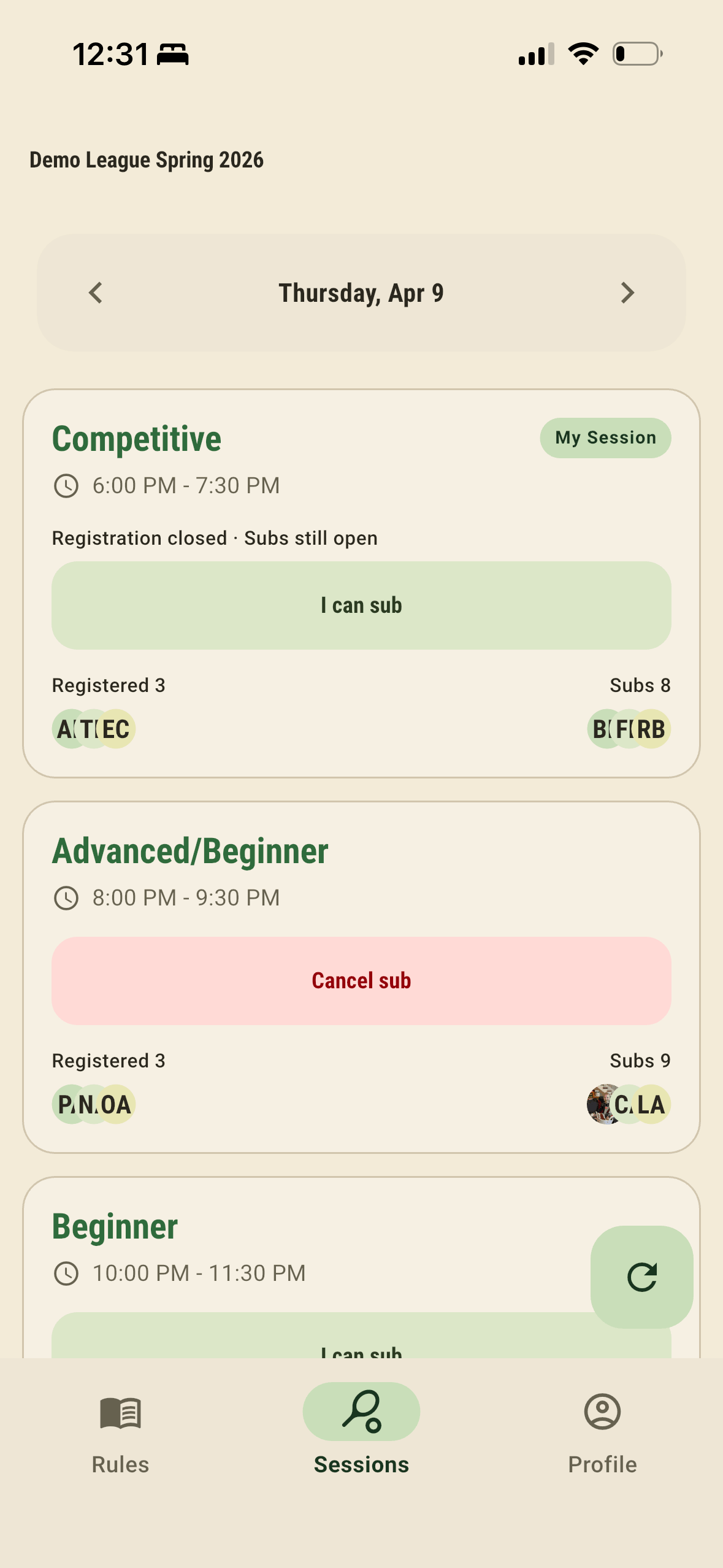 Substitute for session screen