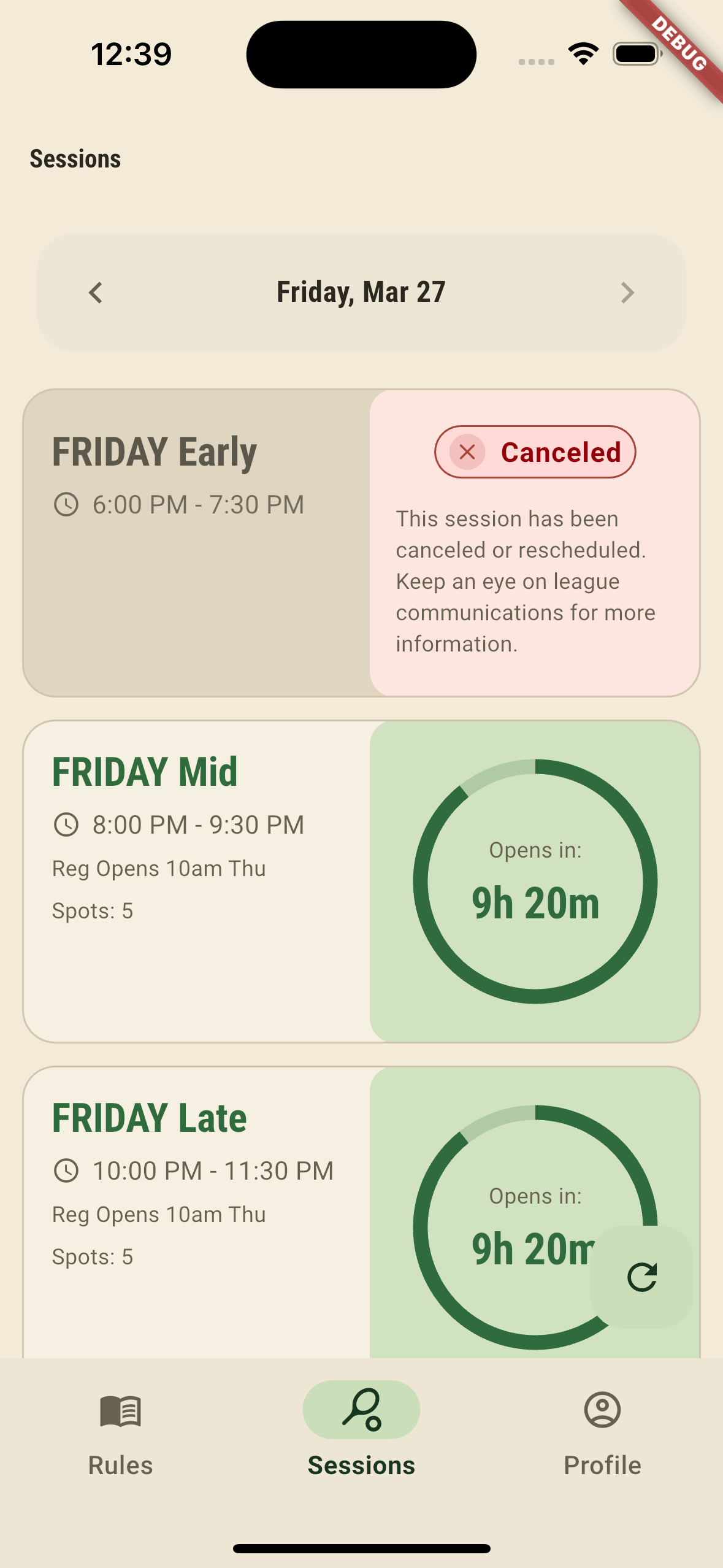 Upcoming session details screen